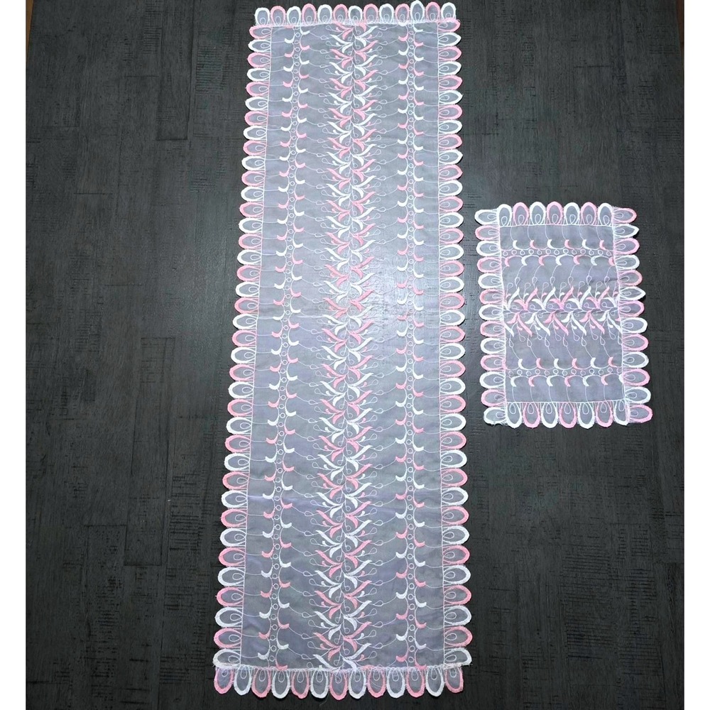 Vintage Pink White Sheer Lace Dresser Scarf‎ Runner Doily Set 2pc 1960s